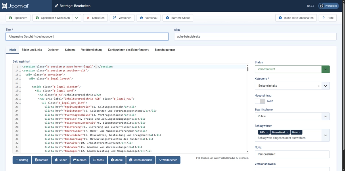 Joomla Backend Bearbeitung von Inhalten und Struktur