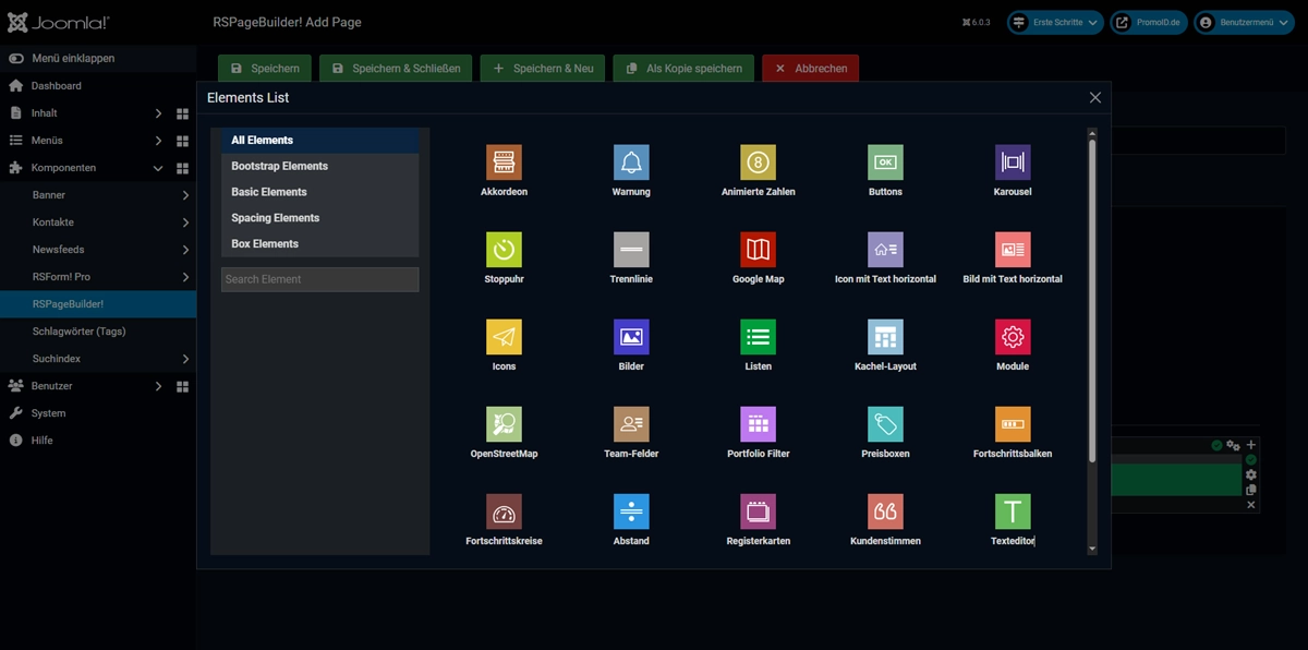 Joomla Backend RSPageBuilder mit Darkmode und Elementen