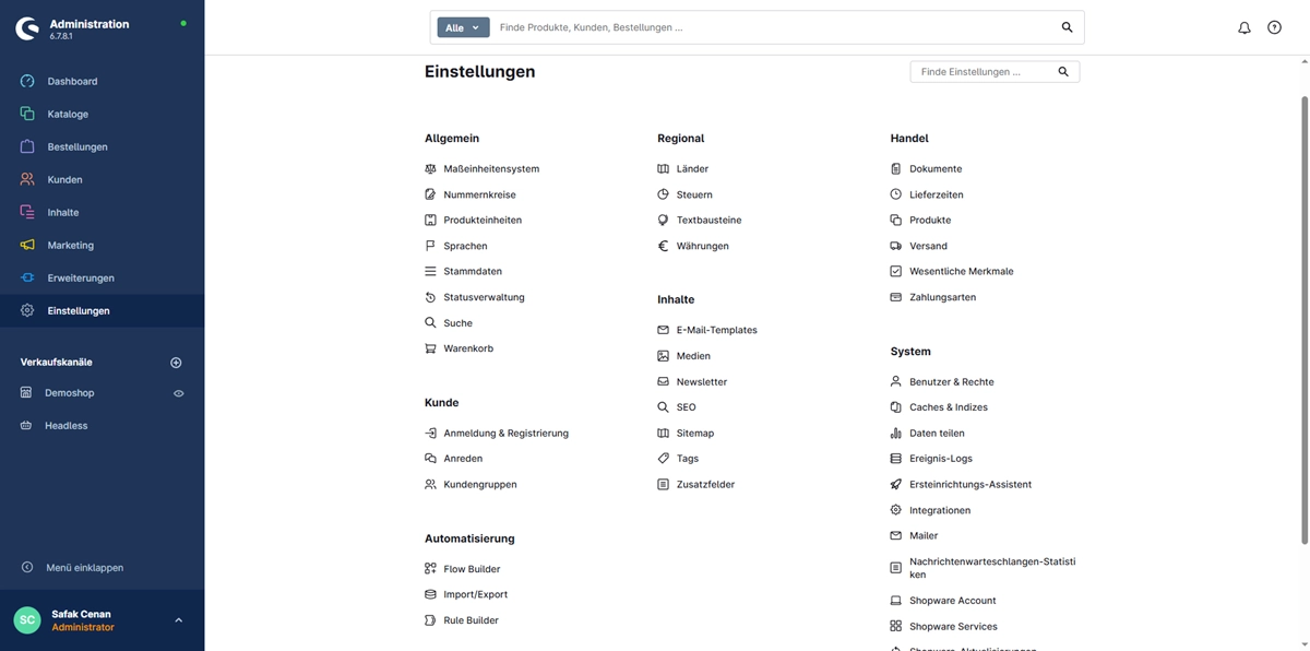 Einstellungen in Shopware